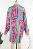 Blue Street Print Patchwork Buckle Turndown Collar Tops