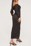 Black Sexy Solid See-through Off the Shoulder Long Sleeve Dresses