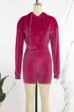 Rose Red Sexy Solid Patchwork Draw String Hooded Collar Long Sleeve Two Pieces