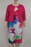 Red Plus Size Casual Print Patchwork O Neck Wrapped Skirt Plus Size Two Pieces