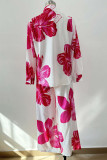Rose Red Casual Print Bandage Patchwork Pocket O Neck Long Sleeve Two Pieces