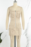 Apricot Street Solid Patchwork Pocket Zipper Strapless Straight Dresses