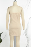 Apricot Street Solid Patchwork Pocket Zipper Strapless Straight Dresses