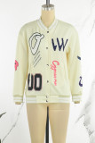White Casual Letter Patchwork Cardigan Outerwear