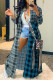 Blue Casual Plaid Print Patchwork Buckle Turndown Collar Dresses