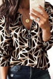 Khaki Casual Print Patchwork Zipper O Neck Plus Size Tops