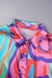 Blue Street Print Patchwork Buckle Turndown Collar Tops