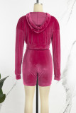 Rose Red Sexy Solid Patchwork Draw String Hooded Collar Long Sleeve Two Pieces
