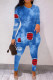 Blue Casual Print Slit O Neck Long Sleeve Two Pieces