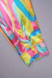 Blue Street Print Patchwork Buckle Turndown Collar Tops