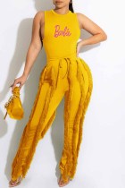 Yellow Casual Street Print Tassel Letter O Neck Sleeveless Two Pieces