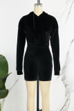Rose Red Sexy Solid Patchwork Draw String Hooded Collar Long Sleeve Two Pieces