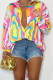 Yellow Street Print Patchwork Buckle Turndown Collar Tops