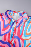 Blue Street Print Patchwork Buckle Turndown Collar Tops