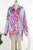 Blue Street Print Patchwork Buckle Turndown Collar Tops