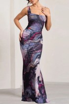 Purple Sexy Print Backless Spaghetti Strap Long Dress Dresses