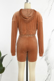 Rose Red Sexy Solid Patchwork Draw String Hooded Collar Long Sleeve Two Pieces