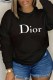 Black Casual Print Letter O Neck Tops