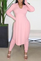 Pink Casual Solid Slit V Neck Long Sleeve Two Pieces