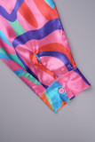 Blue Street Print Patchwork Buckle Turndown Collar Tops