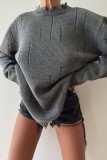 Black Casual Solid Ripped O Neck Tops