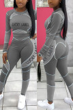 Gray Casual Sportswear Long Sleeve O Neck Regular Sleeve Short Letter Print Two Pieces