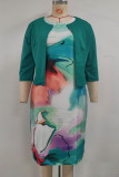 Green Plus Size Casual Print Patchwork O Neck Wrapped Skirt Plus Size Two Pieces