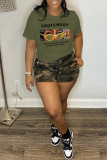 Army Green Street Daily Print Patchwork Letter O Neck T-Shirts