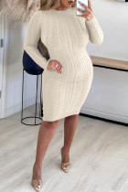 Cream White Casual Solid Backless O Neck Long Sleeve Dresses
