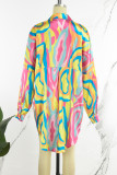 Blue Street Print Patchwork Buckle Turndown Collar Tops