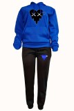 Blue Black Casual Print Patchwork Hooded Collar Long Sleeve Two Pieces
