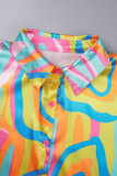 Blue Street Print Patchwork Buckle Turndown Collar Tops