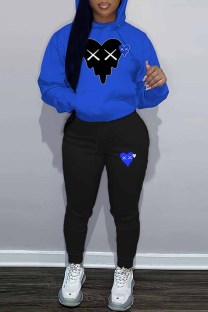Blue Black Casual Print Patchwork Hooded Collar Long Sleeve Two Pieces
