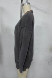 Dark Gray Casual Solid Ripped O Neck Tops