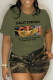 Army Green Street Daily Print Patchwork Letter O Neck T-Shirts