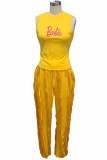 Yellow Casual Street Print Tassel Letter O Neck Sleeveless Two Pieces