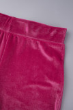 Rose Red Sexy Solid Patchwork Draw String Hooded Collar Long Sleeve Two Pieces