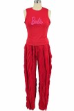 Red Casual Street Print Tassel Letter O Neck Sleeveless Two Pieces