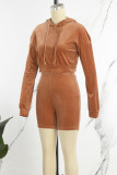 Rose Red Sexy Solid Patchwork Draw String Hooded Collar Long Sleeve Two Pieces