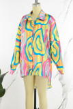 Blue Street Print Patchwork Buckle Turndown Collar Tops