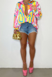 Blue Street Print Patchwork Buckle Turndown Collar Tops