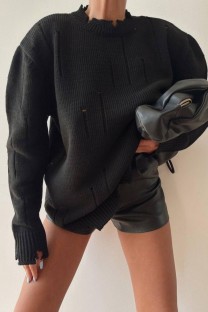 Black Casual Solid Ripped O Neck Tops