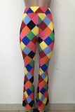 Multicolor Street Color Block Patchwork Boot Cut Mid Waist Speaker Full Print Bottoms