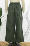 Army Green Street Solid Patchwork Draw String Pocket Straight Low Waist Straight Solid Color Bottoms