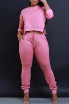 Pink Casual Solid Patchwork O Neck Plus Size Two Pieces