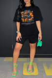 Black Casual Street Print Patchwork O Neck T-Shirts