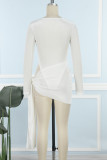 White Sexy Solid Hollowed Out O Neck Long Sleeve Two Pieces