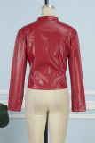 Red Casual Patchwork Cardigan Contrast Outerwear