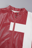 Red Casual Patchwork Cardigan Contrast Outerwear