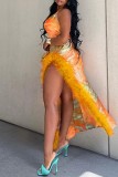 Orange Sexy Print Patchwork Backless Slit Spaghetti Strap Long Dress Dresses